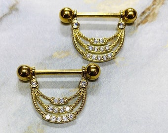 Pair of 14G Gold Triple Lined Dangling Sparkling CZs Nipple Barbells. Nipple Piercing. Nipple Rings. Nipple Jewelry.