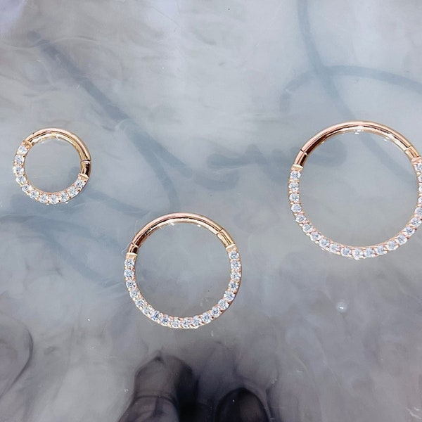 18G & 16G Rose Gold Clear Gems Hinged Septum Clicker Ring. Septum Ring. Septum Piercing. Cartilage Ring