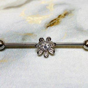 14G Silver Clear Crystals Paved Flower 38MM Industrial Barbell. Industrial Piercing. Ear Barbells