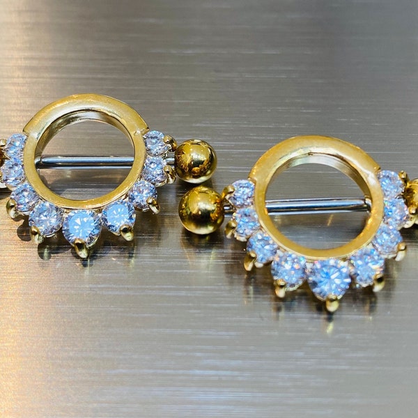 2pc 14G Gold Sparkle Gem Nipple Piercing Barbells Half Circle Colorful Gem Decor Nipple Ring Jewelry