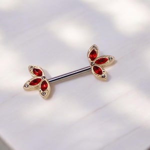 Gold Red Petal Nipple Ting, Marquise Gem Flower Petals Nipple Piercing Barbell, 14g Nipple Jewelry Personalized Body Jewelry Gift for Her