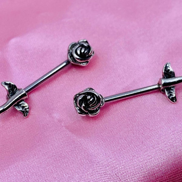 Antik rosenbröstvårtring, rosenstam med blomdekor, bröstvårtspiercing med skivstång, bröstvårtring, kroppssmycken
