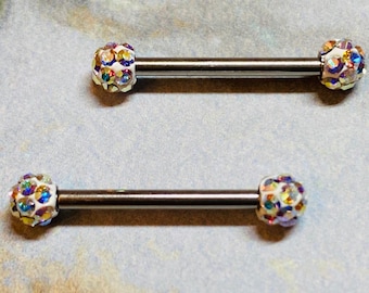 A set of Multi Sparkling Gems Nipple Barbell Ring. Nipple Piercings. Nipple Jewelry