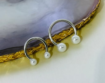 16G Silver White Pearls Horseshoe Ring for Septum Cartilage Daith Helix Piercings