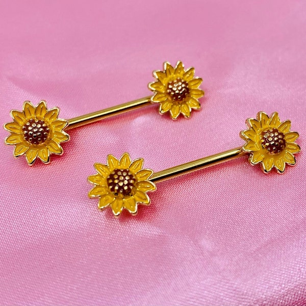 14G Yellow Sunflower Ends Nipple Barbells. Nipple Piercing. Nipple Jewelry.