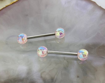 Pair of 14G White Iridescent Glitter Acrylic Ball Ends Nipple Barbells. Nipple Rings. Nipple Piercing. Nipple Jewelry.