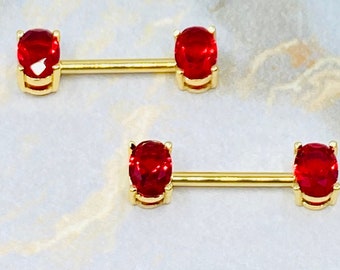 14G Gold Red Oval Nipple Piercing. Nipple Barbells. Nipple Jewelry