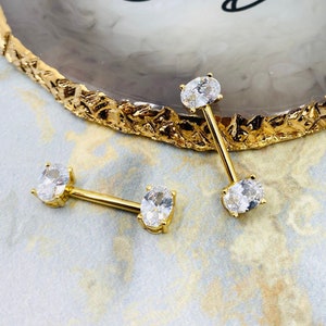 Pair of 14G Gold and Clear Stone Oval Prong Set. Nipple Piercing. Nipple Barbells