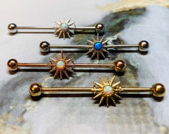 Opal centered sunburst Industrial Barbell. Industrial Piercing.