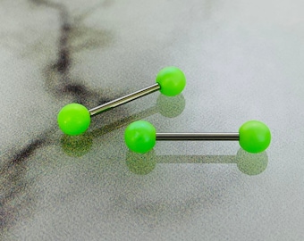 Pair of 14G Matte Finish Neon Green Ball End Nipple Barbell. Nipple Piercing. Nipple Rings. Nipple Jewelry