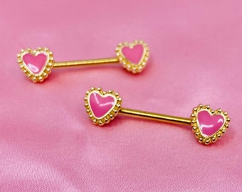 Pair of 14G Gold Pink Heart Nipple Barbells. Nipple Jewelry. Nipple Barbells. Nipple Piercing.