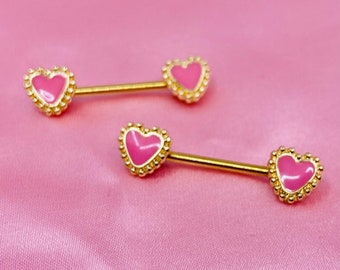 Paire d'haltères pour tétons coeur rose en or 14 g. Bijoux pour tétons. Barres pour tétons. Piercing pour tétons.