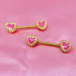 Pair of 14G Gold Pink Heart Nipple Barbells. Nipple Jewelry. Nipple Barbells. Nipple Piercing.