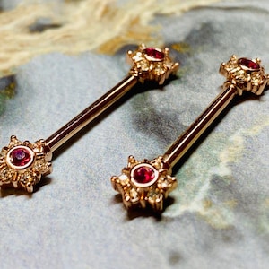 14G roséguld Twinkle Stardust bröstvårtstång, vacker blomdekoration glittrande ädelsten bröstvårtspiercingringar, bröstvårtsmycken