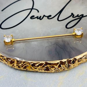 16G Gold Plated Sparkling Round Clear Prong Ends 38MM Industrial Barbell. Industrial Piercing.