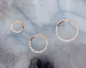 18G & 16G Rose Gold Clear Gems Hinged Septum Clicker Ring. Septum Ring. Septum Piercing. Cartilage Ring