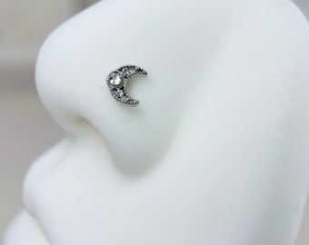 20G Crescent Moon Nose Ring Stud, Sparkle Moon Decor Gem Top L Bend Type Nose Piercing Ring, Thin L Shape Nose Jewelry