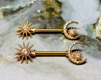 14G Sun and Crescent Moon with Center Stone Nipple Barbell Ring. Nipple Piercings. Nipple Jewelry. Nipple Rings