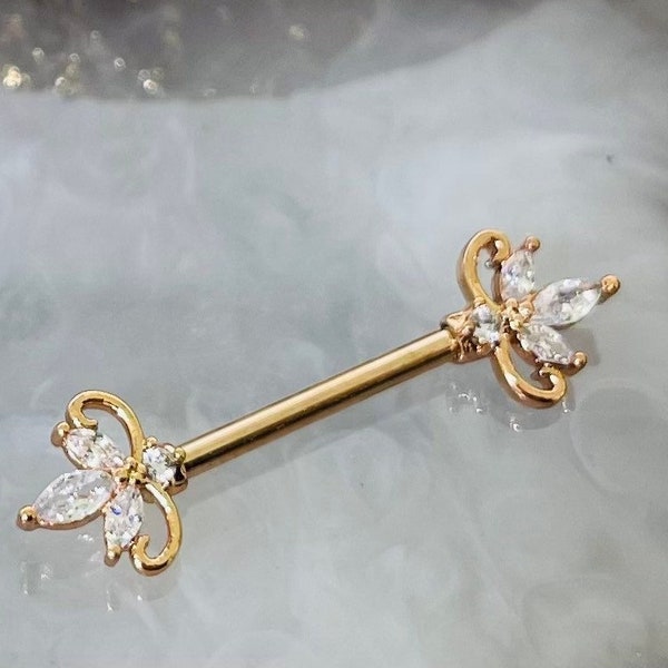 Pair of 14G Rose Gold Clear Marquise Stones Nipple Barbell. Nipple Piercing. Nipple Rings. Nipple Jewelry.