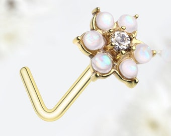 20G Gold White Opal Flower Top L Shape Nose Stud, Beautiful Sparkle Floral Decor Nose Piercing Stud Ring, L Bend Type Nose Piercing Jewelry