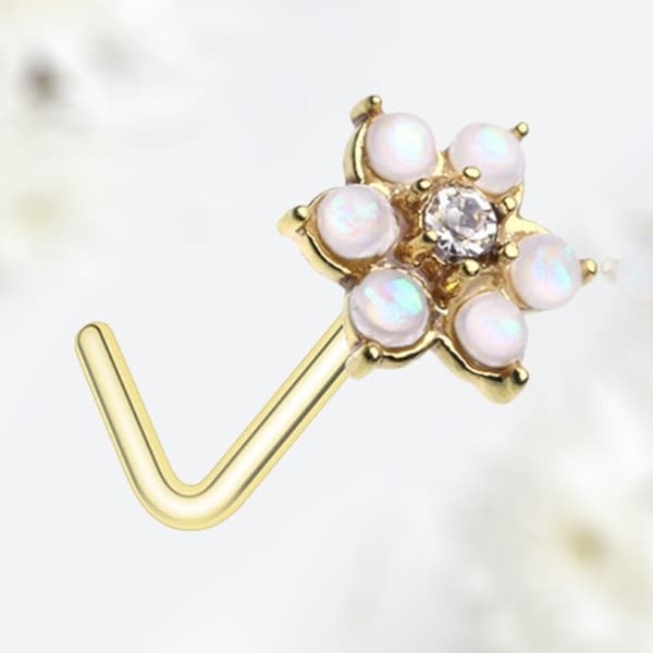 20G Gold White Opal Flower Top L Shape Nose Stud, Beautiful Sparkle Floral Decor Nose Piercing Stud Ring, L Bend Type Nose Piercing Jewelry