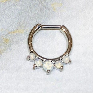 16G White Opal Septum Piercing Hoop Clicker Ring White Opal Decorative Front Septum Jewelry Nose Ring