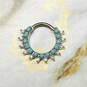 16G Turquoise with Clear Stones 10MM Bendable Septum Ring. Septum Piercing. Septum Ring. Septum Jewelry. Nose Piercing.