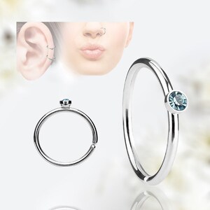 20G Baby Blue Gem Top Nose Piercing Hoop Ring, Simple Style Singe Gem Thin Snug Fit Bendable Nose Ring Piercing Jewelry, Cartilage Ring