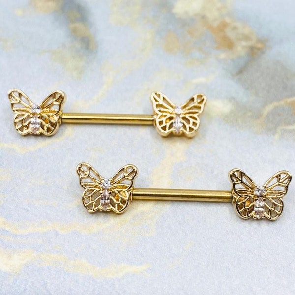 Pair of 14G Gold Butterly Ends with Clear Sparkling Stones Nipple Barbell. Nipple Rings. Nipple Piercing. Nipple Jewelry. Body Jewelry.