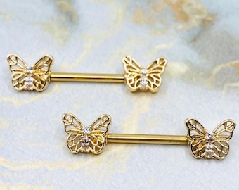 Pair of 14G Gold Butterly Ends with Clear Sparkling Stones Nipple Barbell. Nipple Rings. Nipple Piercing. Nipple Jewelry. Body Jewelry.