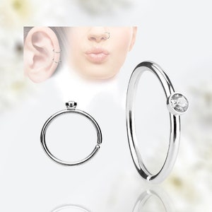 20G Gem Top Nose Piercing Hoop Ring, Simple Style Singe Gem Thin Snug Fit Bendable Silver Nose Ring Piercing Jewelry, Cartilage Ring
