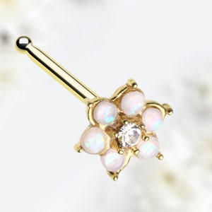 20G Gold White Opal Flower Nose Stud, Beautiful Opal Sparkle Flower Nose Bone Stud, Ball End Nose Stud Ring, Nose Piercing Jewelry