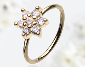 20g Gold Nose Hoop, Flower Decor Sparkle Gem Bendable Nose Piercing Hoop Ring, Nose Stud Ring