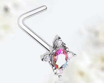 20G Multicolor Gem L Shape Nose Stud, Victorian Decor Top Iridescent Gem L Bend Type Nose Piercing Stud, Nose Piercing Jewelry