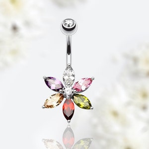 Multicolor Flower Belly Ring, Sparkle Marquise Cute Petal Floral Decorative Belly Ring Piercing Jewelry, Navel Piercing Jewelry