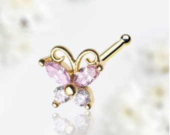 20G Gold Sparkling Pink Clear Gem Butterfly Nose Stud