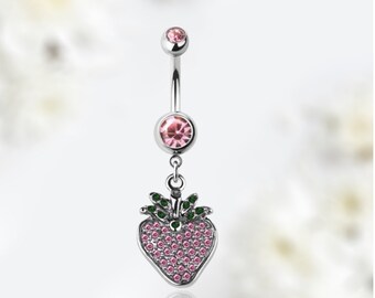 14G Silver Pink Gem Dangling Strawberry Charm Belly Button Ring