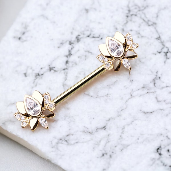 Pair of 14G Gold Blooming Lotus Nipple Barbell. Nipple Rings. Nipple Jewelry