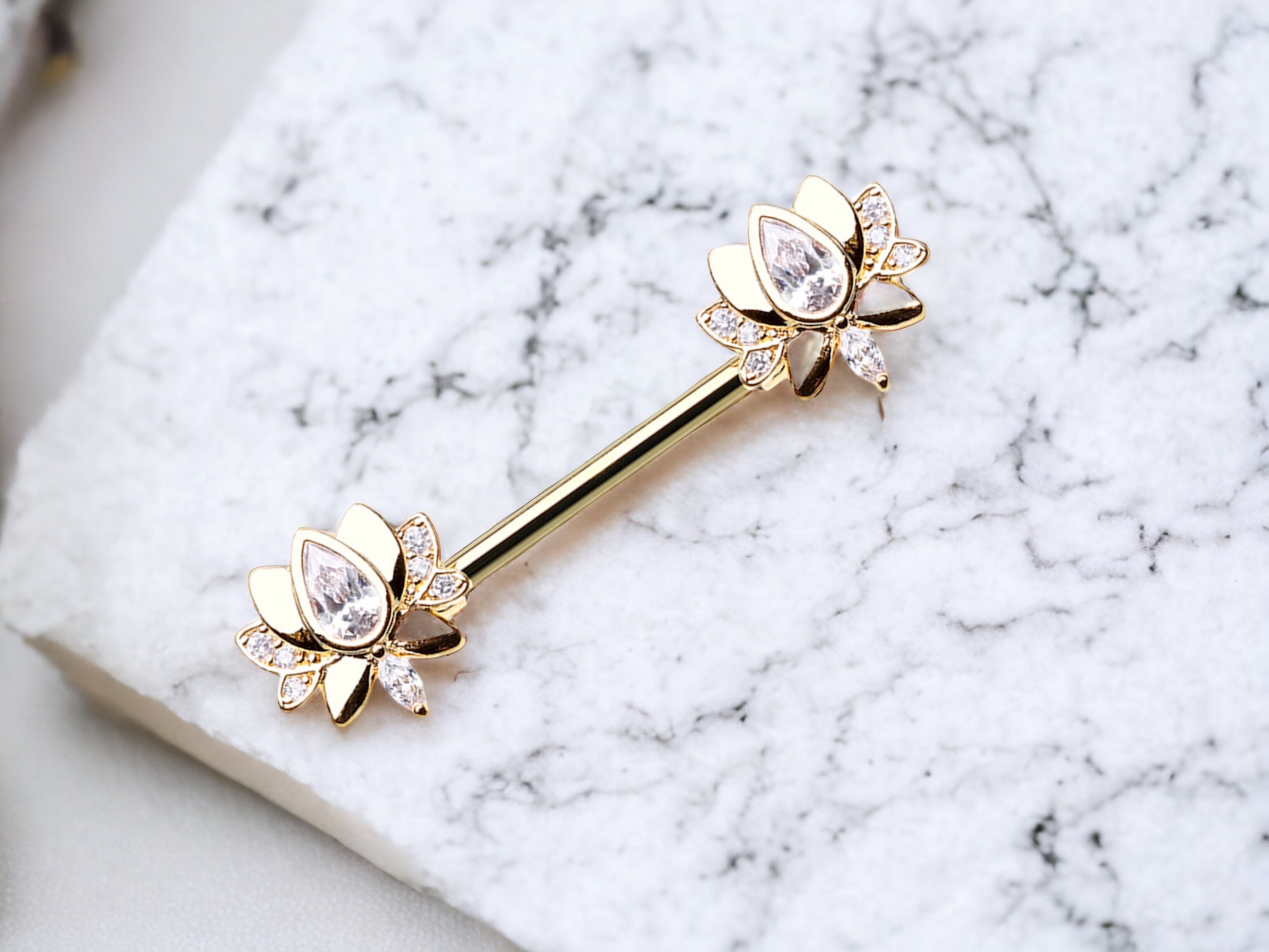 Pair of 14G Gold Blooming Lotus Nipple Barbell. Nipple Rings. Nipple Jewelry