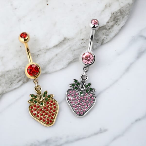 14G Gold Dangling Strawberry Charm Belly Button Ring