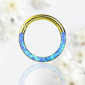 16G Gold Blue Opal Inlay Septum Piercing Hoop Clicker Ring Simple Style Elegant Colorful Blue Opal Septum Nose Ring Jewelry