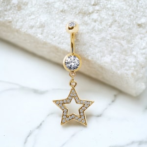 Gold Dangling Star Belly Button Ring, Navel Ring, Belly Piercing