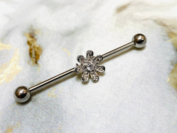 14G Silver Clear Crystals Paved Flower 38MM Industrial Industrial  Ear Barbells