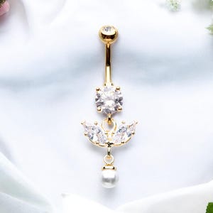 14G Gold Dainty Pearl Dangling Belly Button Ring, Cute Dangle Pearl Gold Belly Button Ring Piercing, Navel Ring Body Jewelry