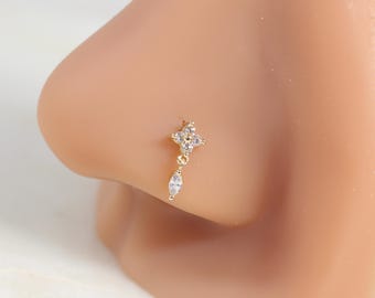 14 kt gouden hangende neusknop met edelsteen, 20 g delicate knop in kurkentrekkerstijl