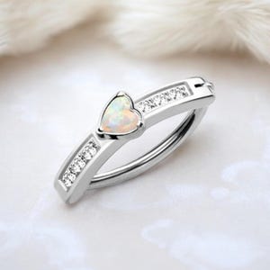 Opal Heart Belly Ring, Non Dangle Heart Decor Silver Belly Ring Clicker, Hinged Belly Button Ring Piercing, 14g Navel Ring, Body Jewelry