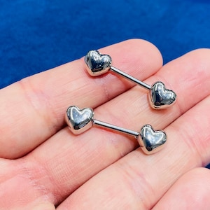 Set of Plain Silver Heart Nipple Jewelry Barbells, Nipple Piercings, Plain Nipple Jewelry