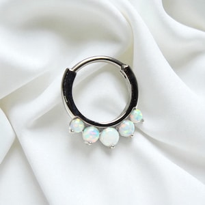 16G White Opal Septum Hoop Ring Piercing, White Opal Frokt Hinged Septum Clicker Ring Jewelry, Nose Piercing Hoop Ring
