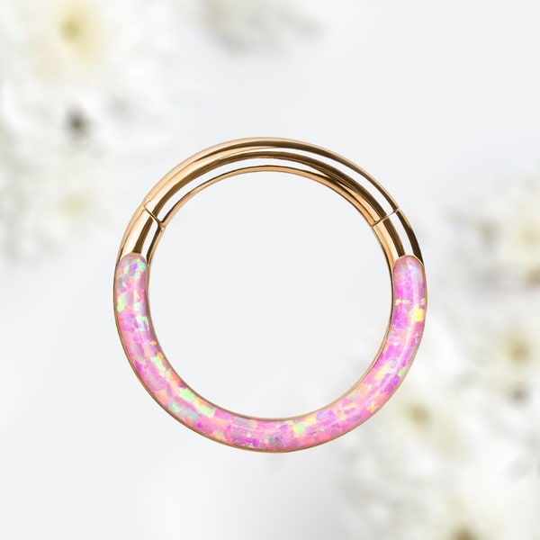 16G Rose Gold Pink Opal Inlay Septum Piercing Hoop Clicker Ring Elegant Style Pink Opal Round Septum Piercing Jewelry