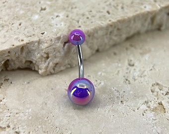 14G Simple Plain Purple Belly Button Ring, Metallic Purple Ball End Belly Button Ring Piercing